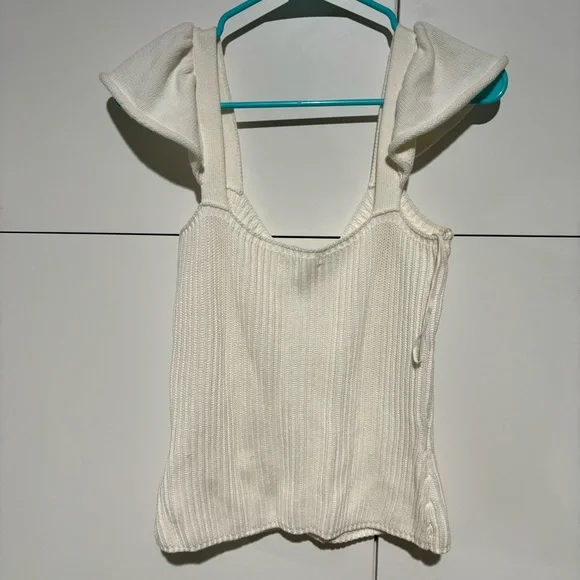 Anthropologie Womens Knit Tank Top Small Ribbed Cream Button Flutter Sleeved - Picture 5 of 8